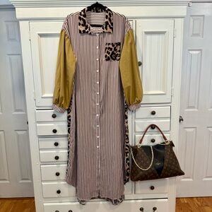 Striped Button-Down Dress with Leopard Accents L-1X
